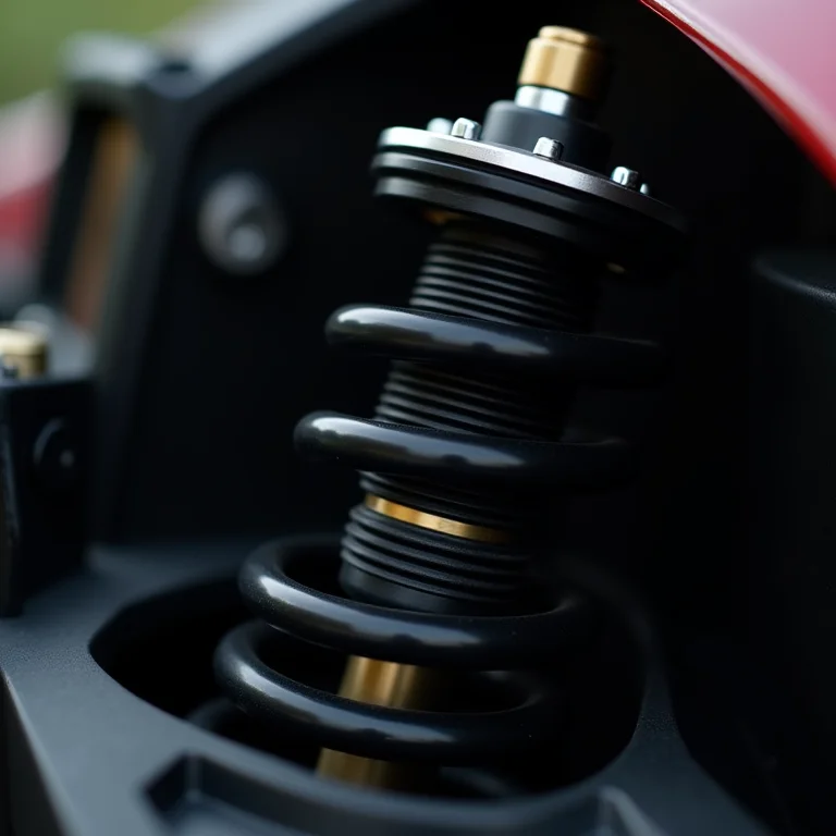 Detalhe da suspensão fixa de um carro rebaixado.