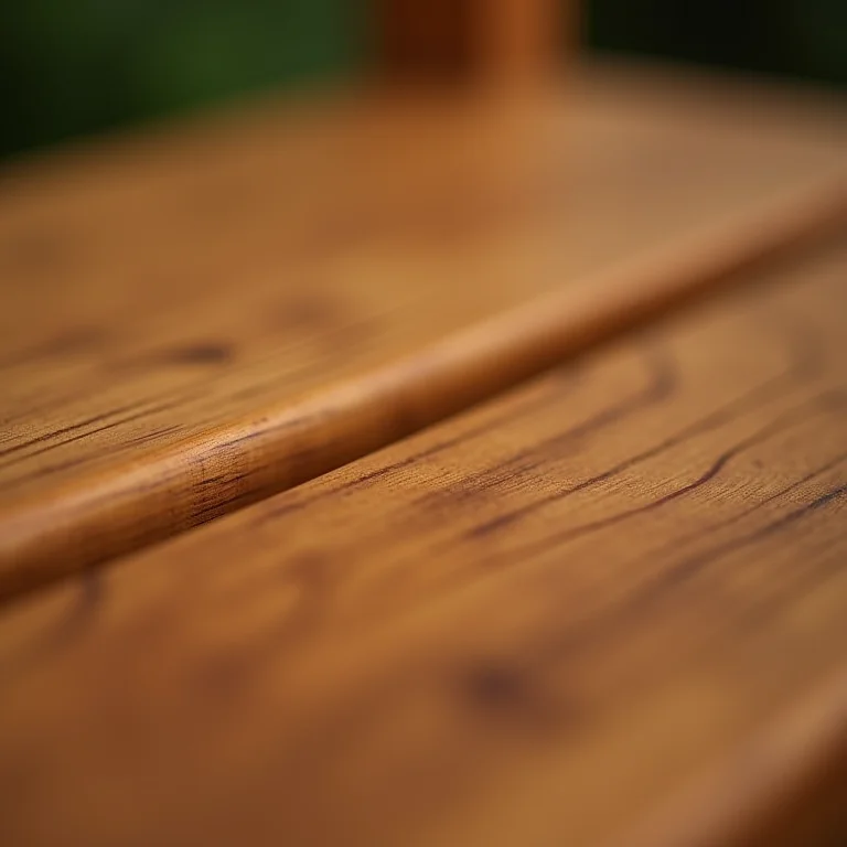 Detalhe da textura rica e natural de uma cadeira de jardim feita de madeira teca.