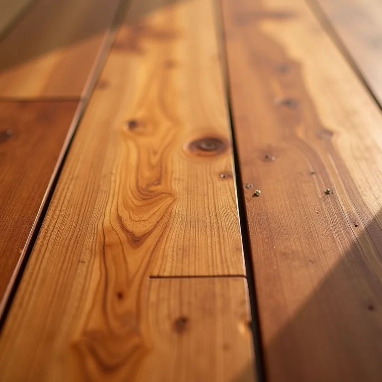 Detalhe de decks de madeira Cumaru, exibindo textura e cor