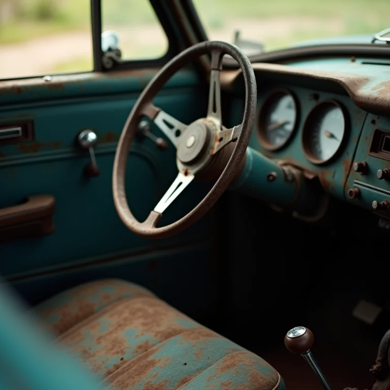 Detalhes de ferrugem e danos internos em um carro usado