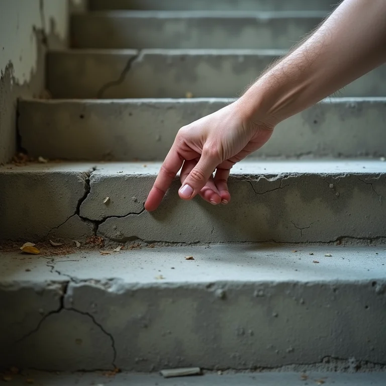 Detalhes de rachaduras e problemas estruturais em escadaria de concreto