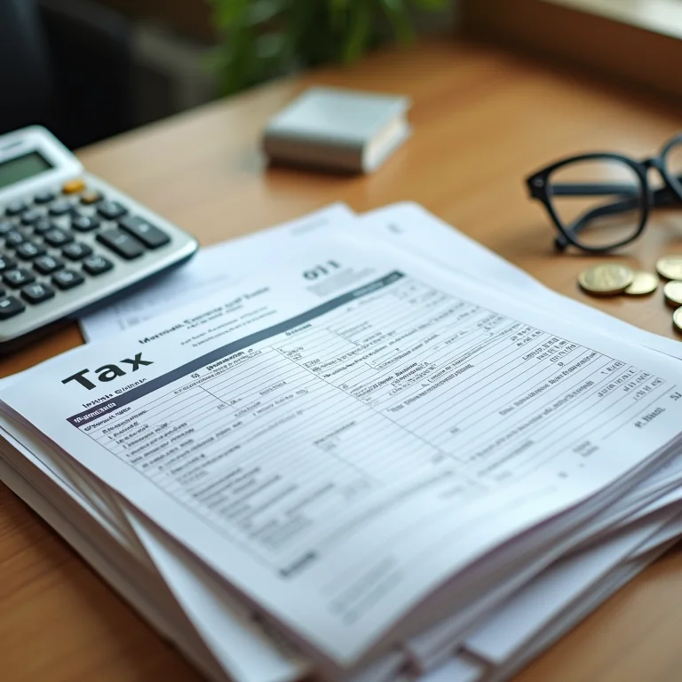 Documentos fiscais, calculadora e moedas