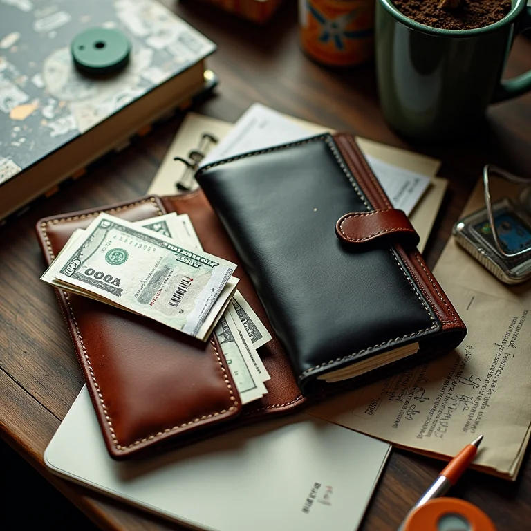 Duas carteiras: uma organizada e outra cheia de recibos, simbolizando finanças separadas.