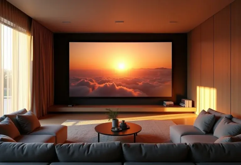 Elegante home theater com design minimalista e luz natural.