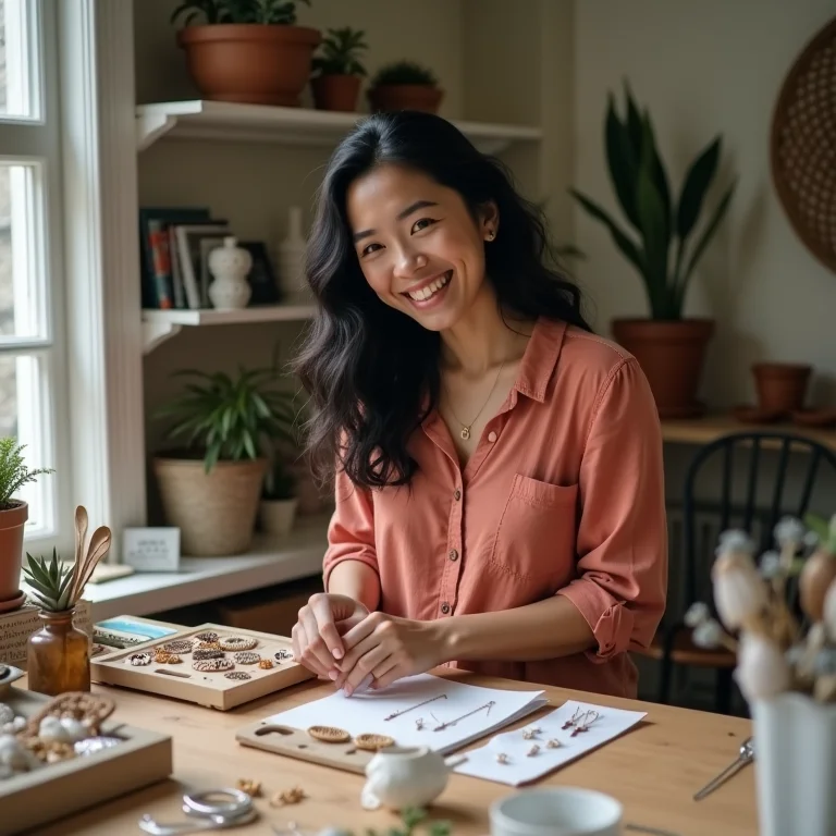 Empreendedora MEI sorrindo ao montar sua vitrine de artesanato.