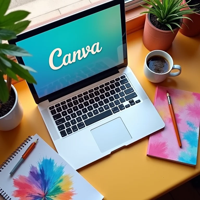 Espaço de trabalho organizado com laptop mostrando a tela do Canva.