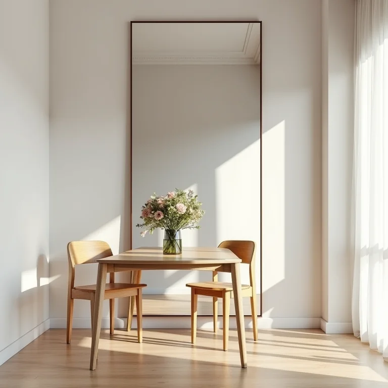 Espelho decorativo ampliando visualmente sala de jantar integrada