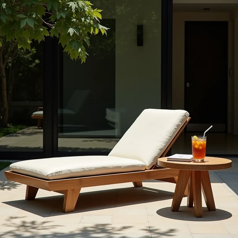 Espreguiçadeira de madeira elegante em um pátio ensolarado.