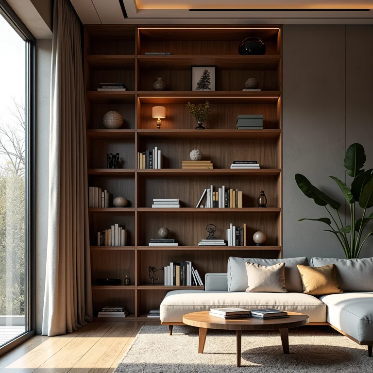 Estante vertical otimizando espaço em sala e jantar integradas