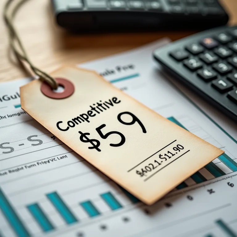 Etiqueta de preço competitivo com guia de preços e calculadora.