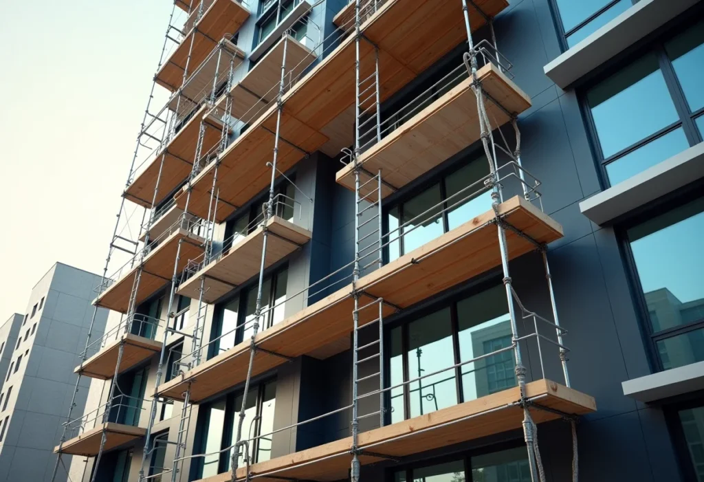 Reforma de fachada de prédio: evite dor de cabeça com este guia Fachada de prédio em reforma com andaimes