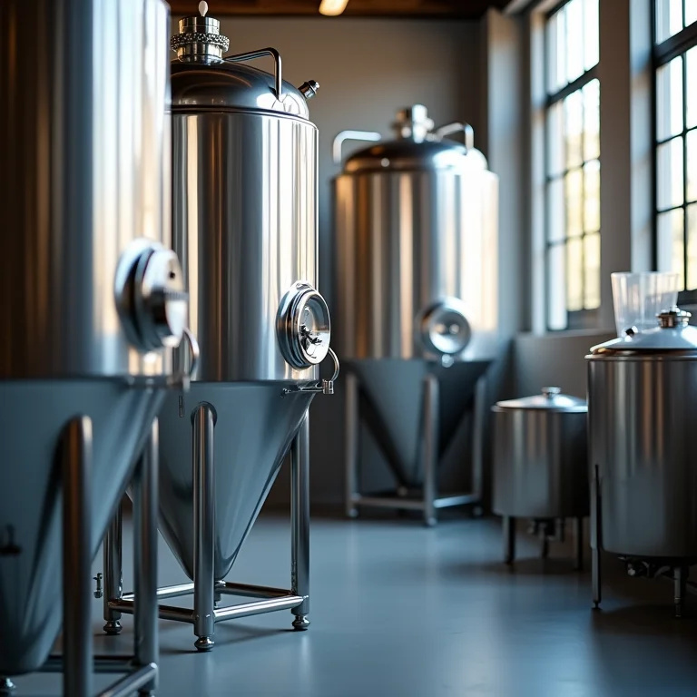 Fermentadores cônicos de aço inoxidável para produção de cerveja artesanal.