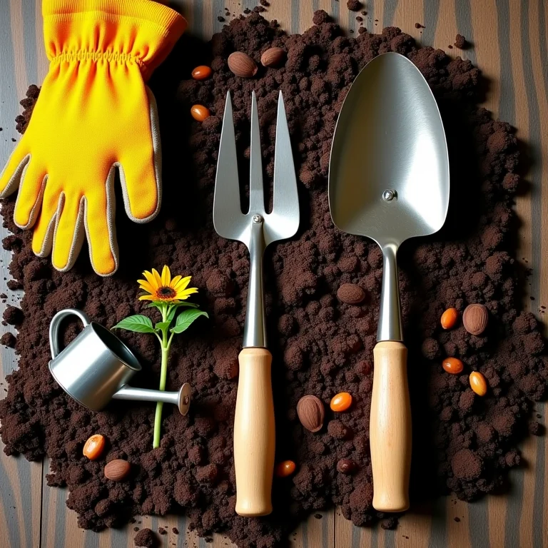 Ferramentas de jardinagem e sementes de girassol