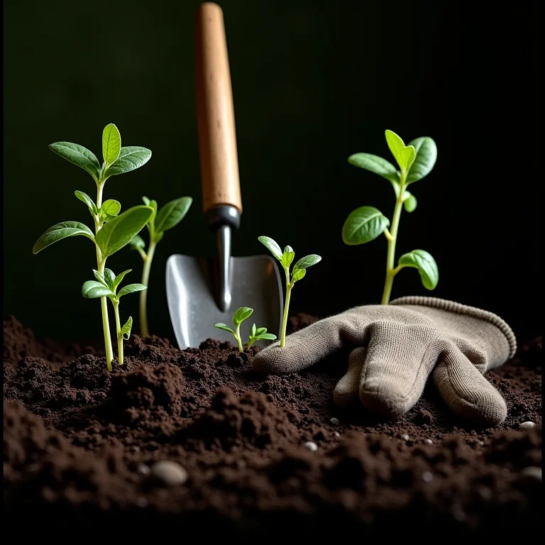Ferramentas de jardinagem em solo escuro
