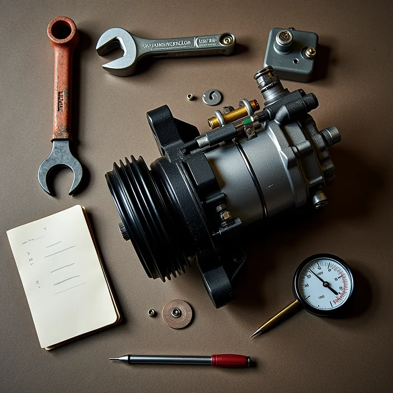 Ferramentas e compressor de ar condicionado para manutenção preventiva.