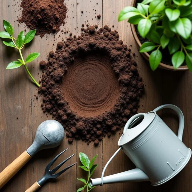 Ferramentas e regador para jardinagem com solo úmido