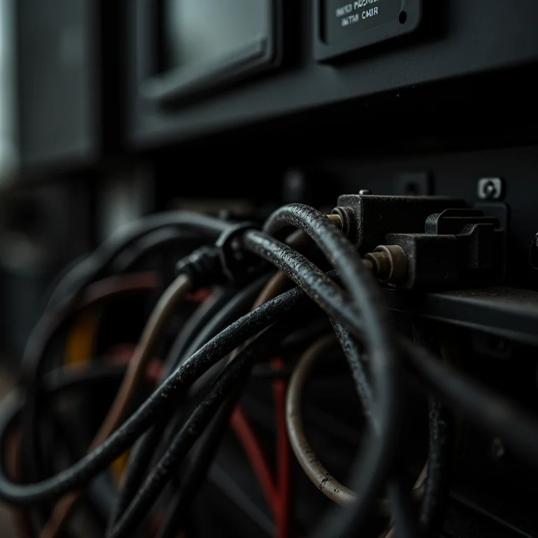 Fiação exposta e desorganizada atrás de um sistema de home theater.