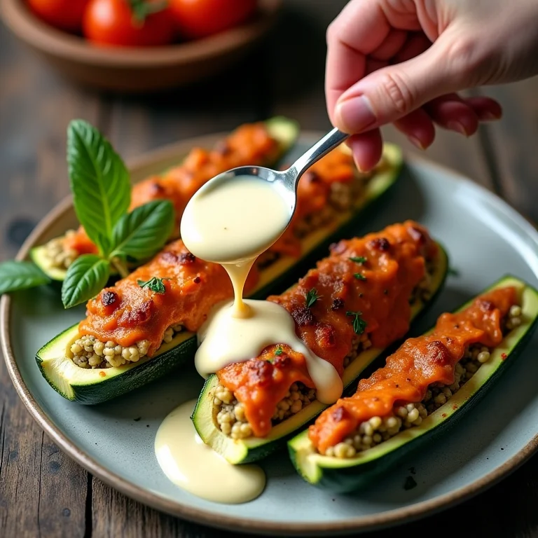 Finalizando a abobrinha recheada com molho cremoso.