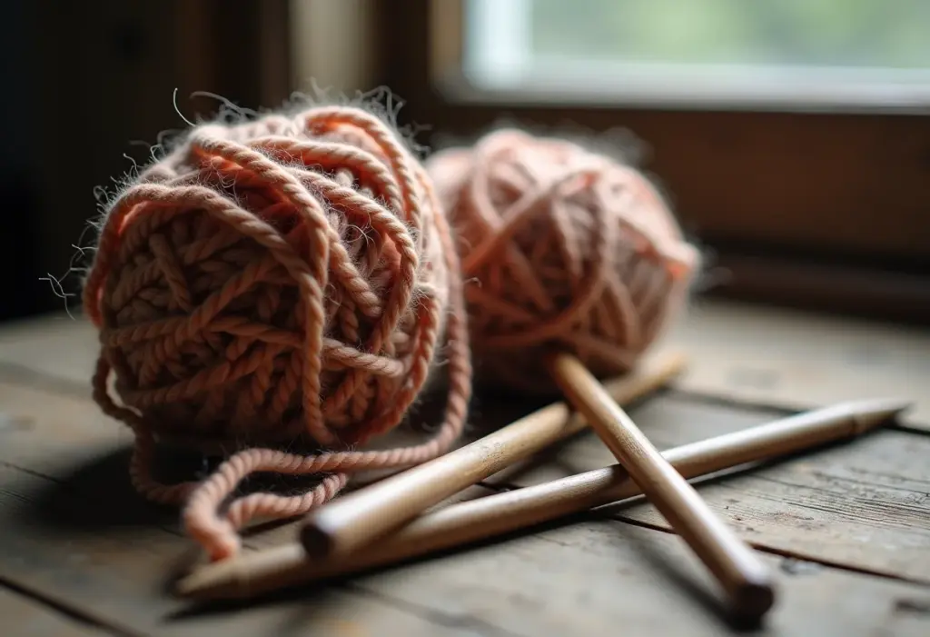 Fio emaranhado e agulhas de tricô simbolizando dificuldades financeiras.