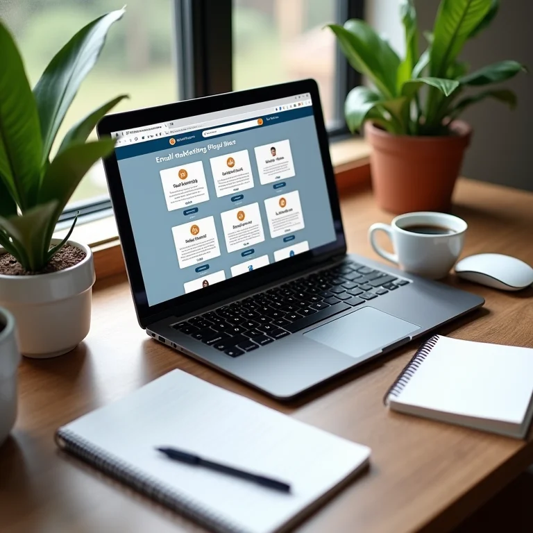 Flat lay com laptop mostrando plataformas de e-mail marketing