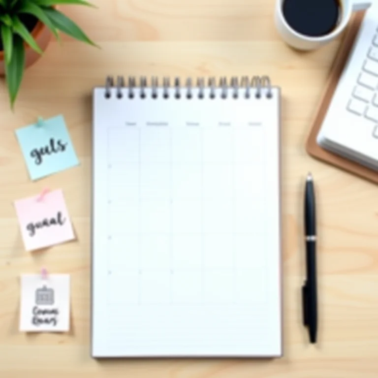 Flat lay com materiais de escritório e planejamento de metas