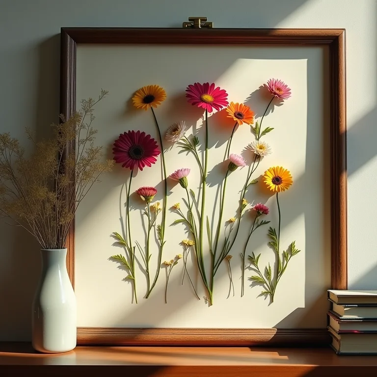 Flores prensadas emolduradas e obra de arte moderna com flores