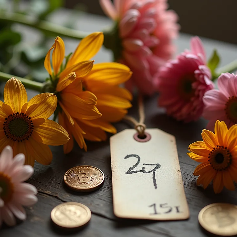 Flores secas e moedas, representando a economia na decoração.