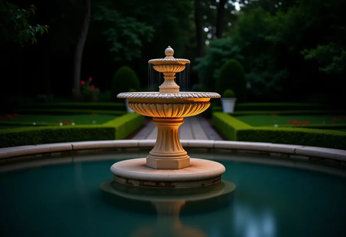 Fonte luminosa renovada em jardim exuberante