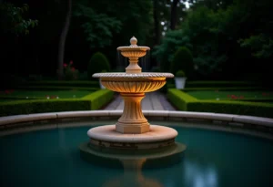 Fonte luminosa renovada em jardim exuberante