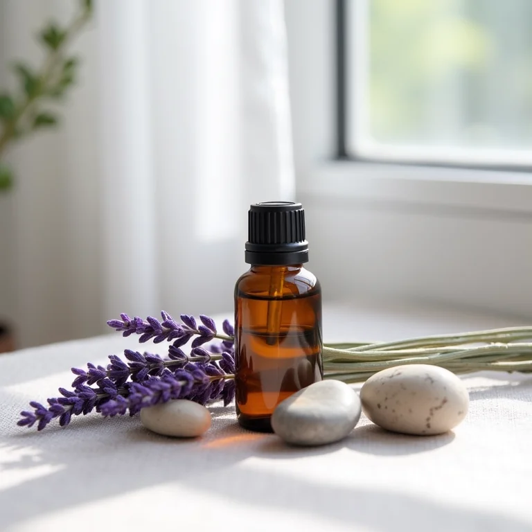 Frasco de óleo essencial de lavanda com flores secas