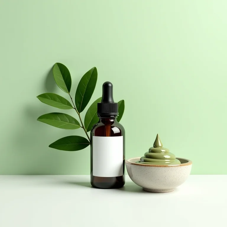 Frasco de óleo essencial de melaleuca com folhas e máscara de argila