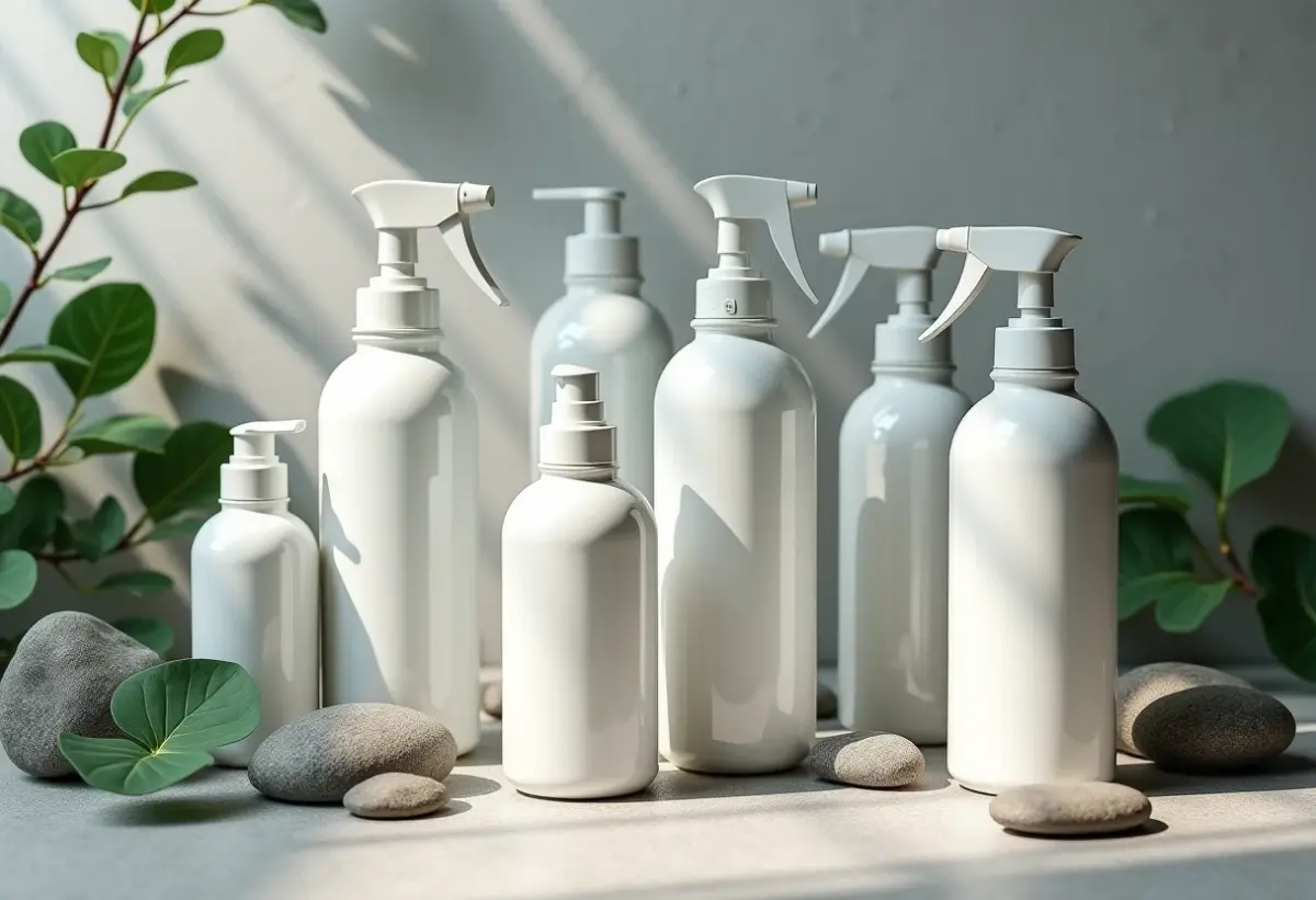 Frascos de água termal de diversas marcas em composição minimalista