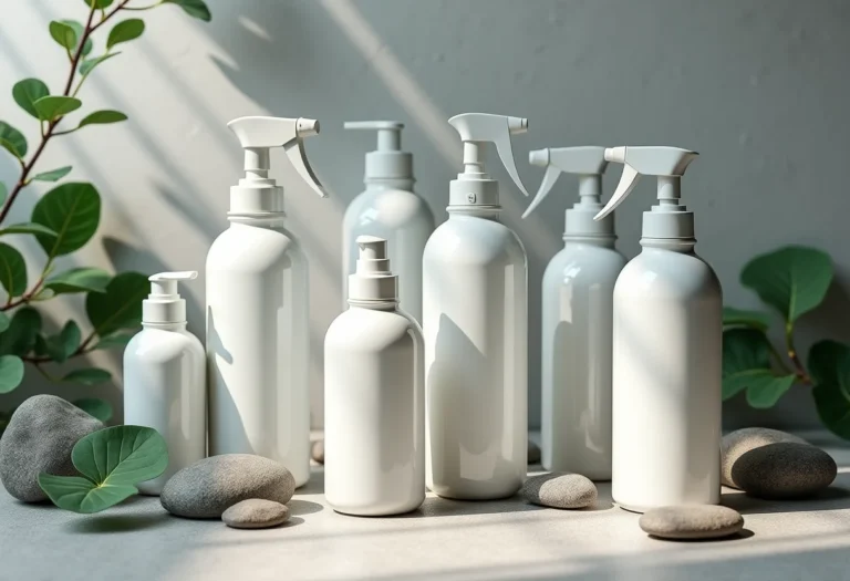 Frascos de água termal de diversas marcas em composição minimalista