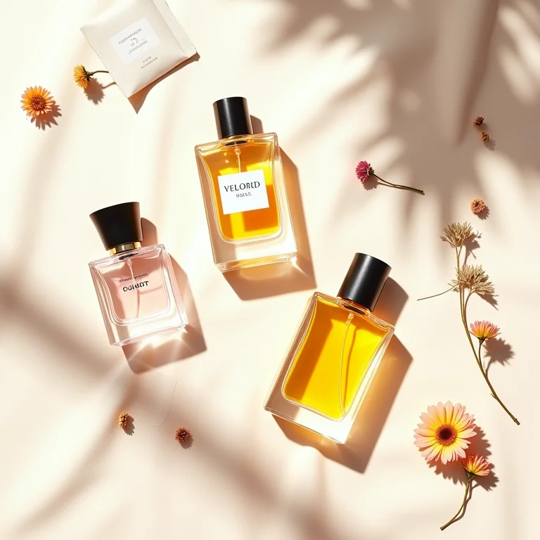 Frascos de Eau de Parfum em composição minimalista