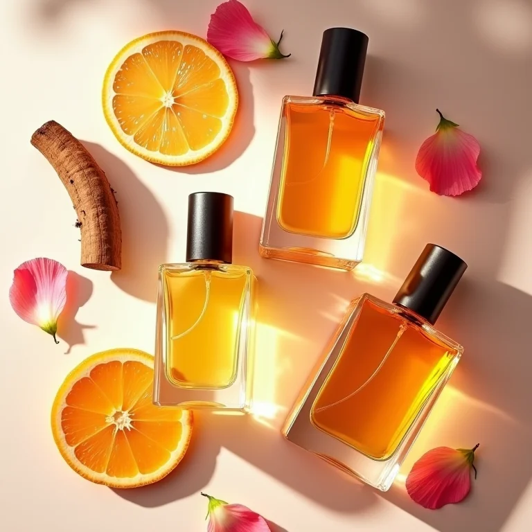 Frascos de perfume com ingredientes complementares