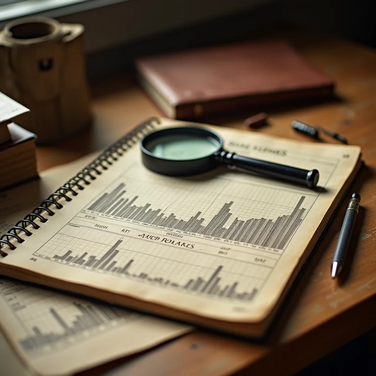 Gráficos de ações antigos com lupa e caderno