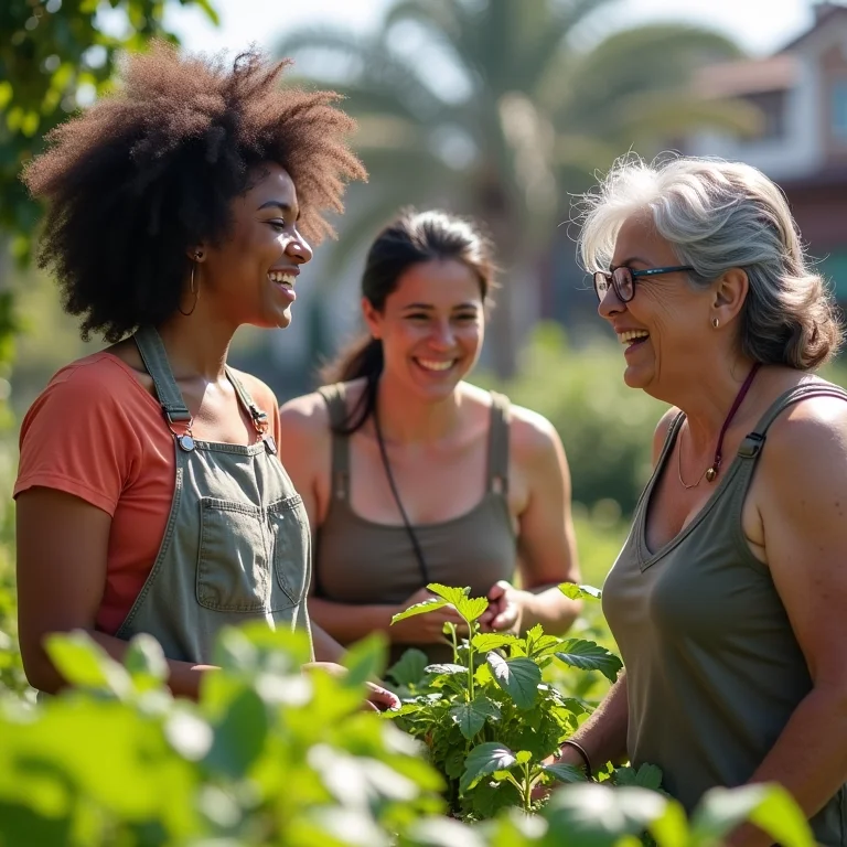 Grupo de mulheres diversas trabalhando juntas em uma horta comunitária