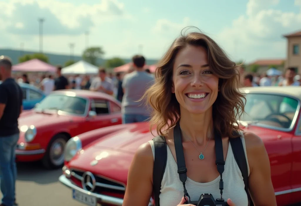 Grupo diverso de fãs de carros reunidos em evento automotivo.