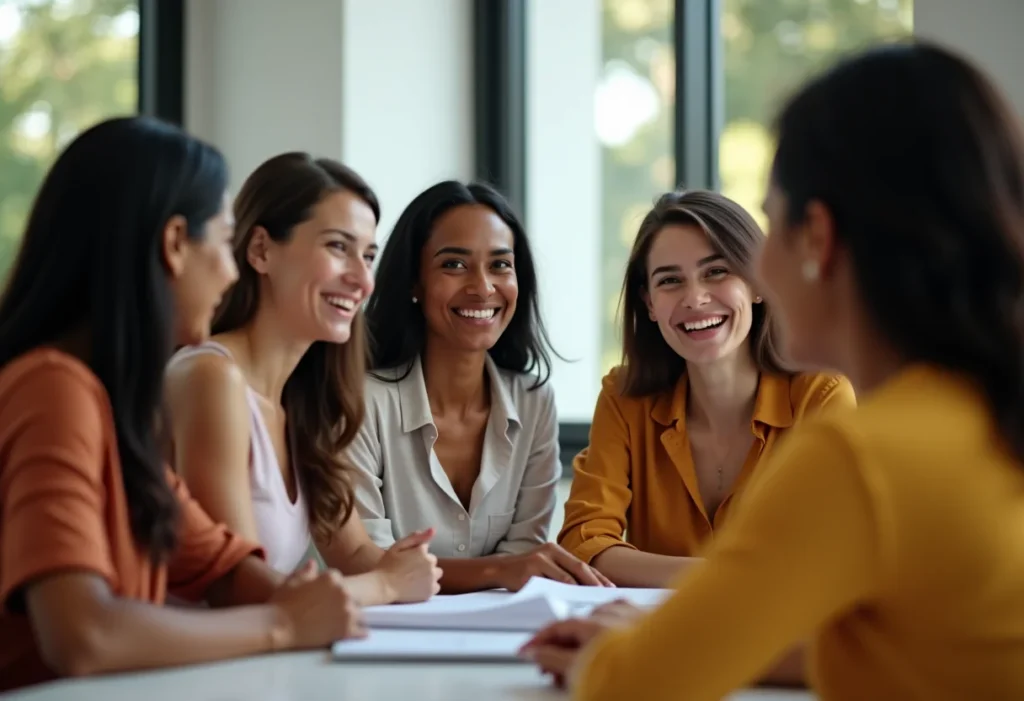 Grupo diverso de mulheres brasileiras discutindo negócios e finanças.
