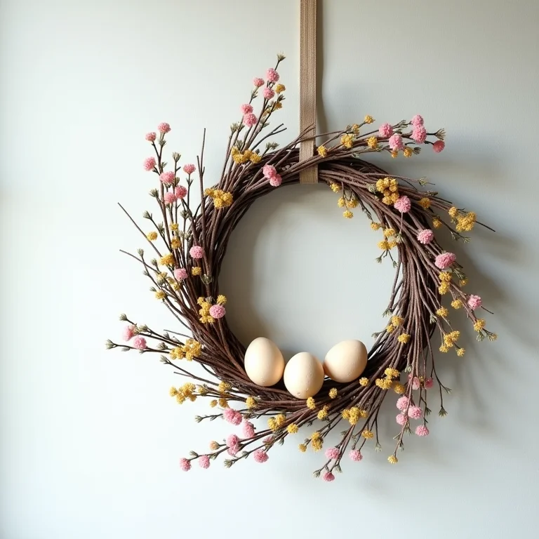 Guirlanda de Páscoa artesanal feita com flores secas e ovos de codorna.