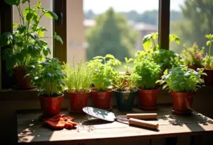 Horta exuberante em varanda de apartamento ensolarada