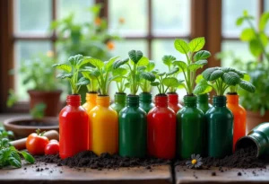 Horta orgânica em garrafas PET coloridas.