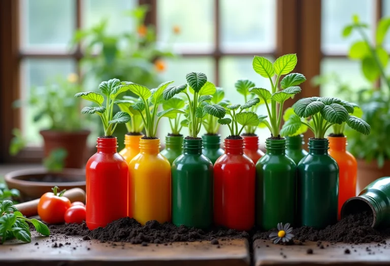 Horta orgânica em garrafas PET coloridas.