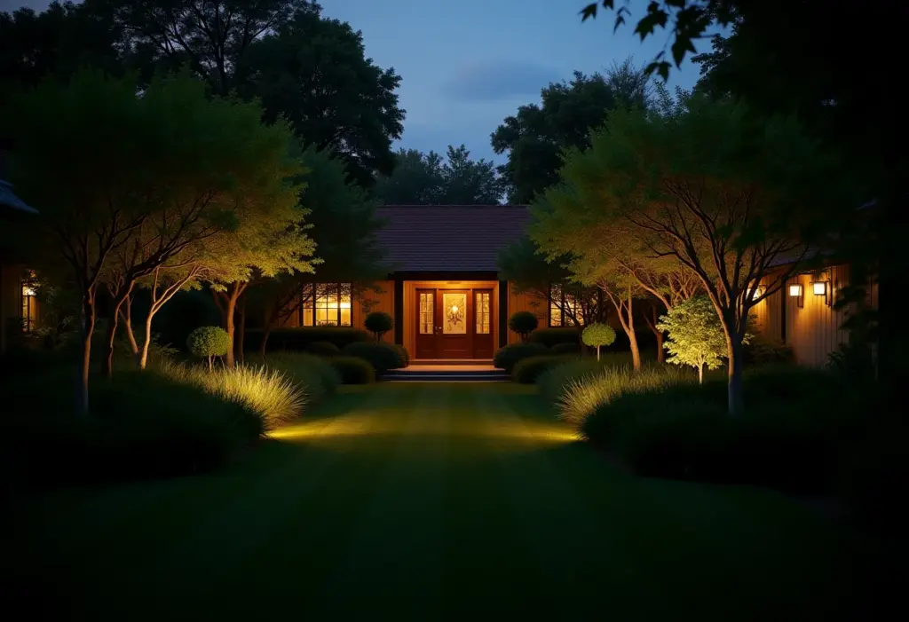 Iluminação suave em jardim residencial ao entardecer