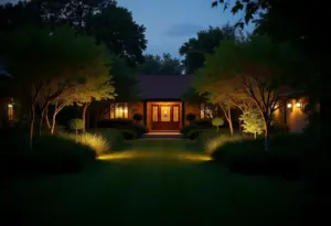 Iluminação suave em jardim residencial ao entardecer