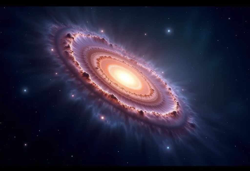 Imagem da vastidão do universo com uma galáxia espiral e nebulosas coloridas.