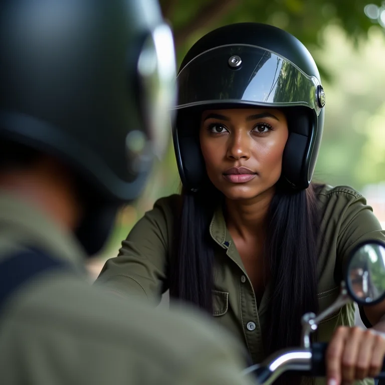 Indígena checando os espelhos na moto.