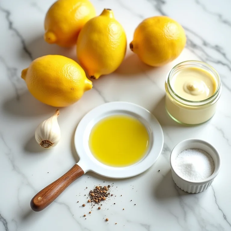 Ingredientes básicos para molho de limão: limões, azeite, alho, sal, pimenta e maionese.