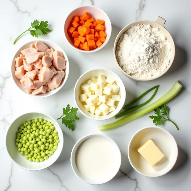 Ingredientes frescos para torta de frango dispostos em bancada de mármore