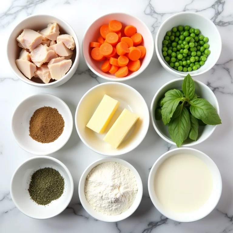 Ingredientes frescos para torta de frango dispostos em bancada de mármore